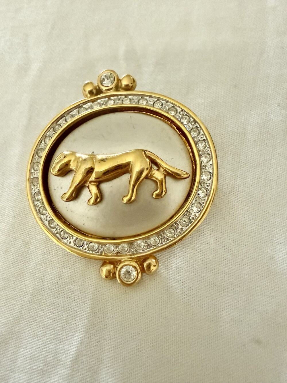 Clear Rhinestone Gold & Silver Tone Metal Cat Puma Panther Brooch Vintage